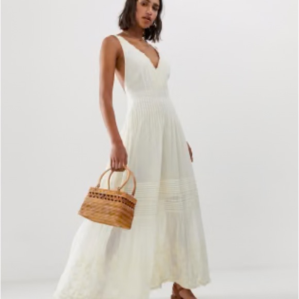 Free People Cream Pleated V-Neck Maxi Jumpsuit